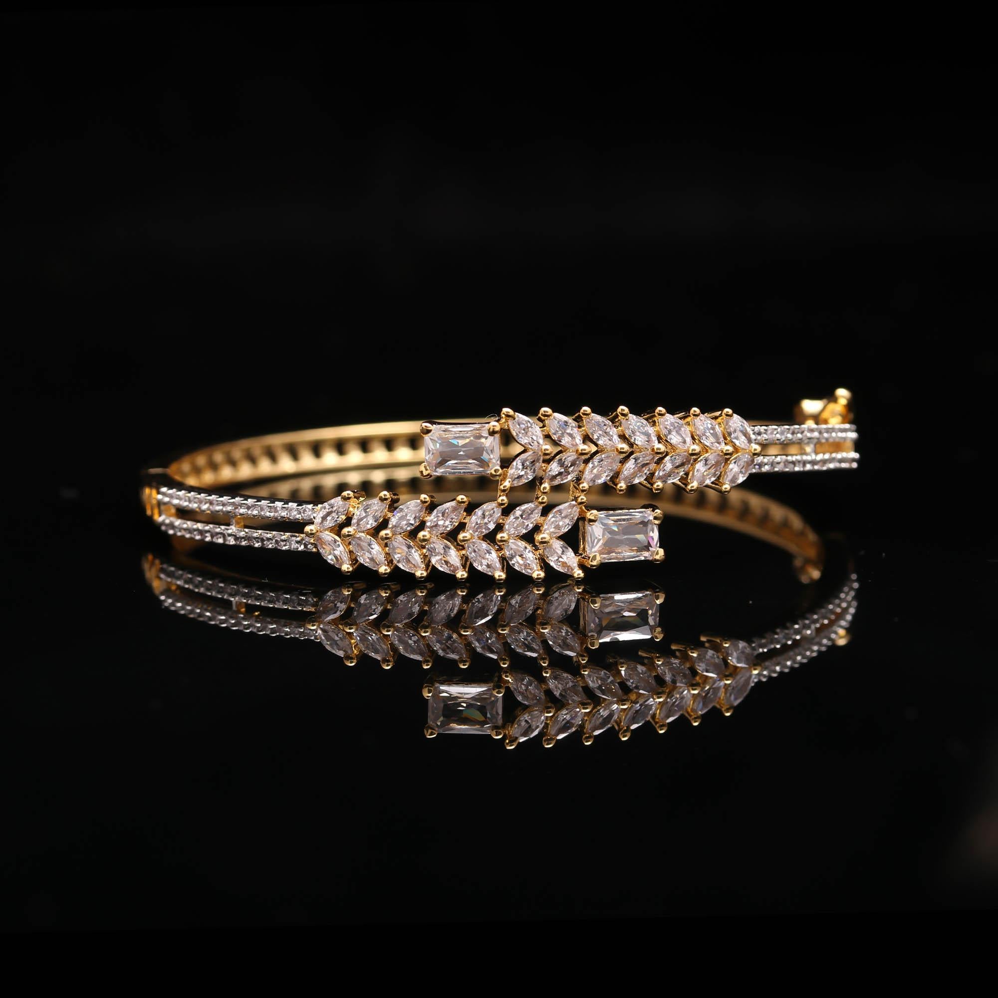 Gold-Plated Leaf Design CZ Stone Bangle for Women | Party & Wedding Wear Bracelet